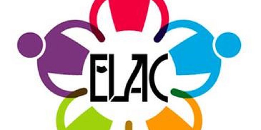 The letters "ELAC" surrounded by shapes of people holding hands