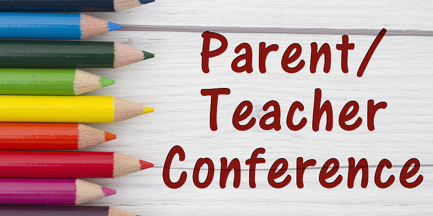 Colored pencils against white background.  "Parent/Teacher Conference"