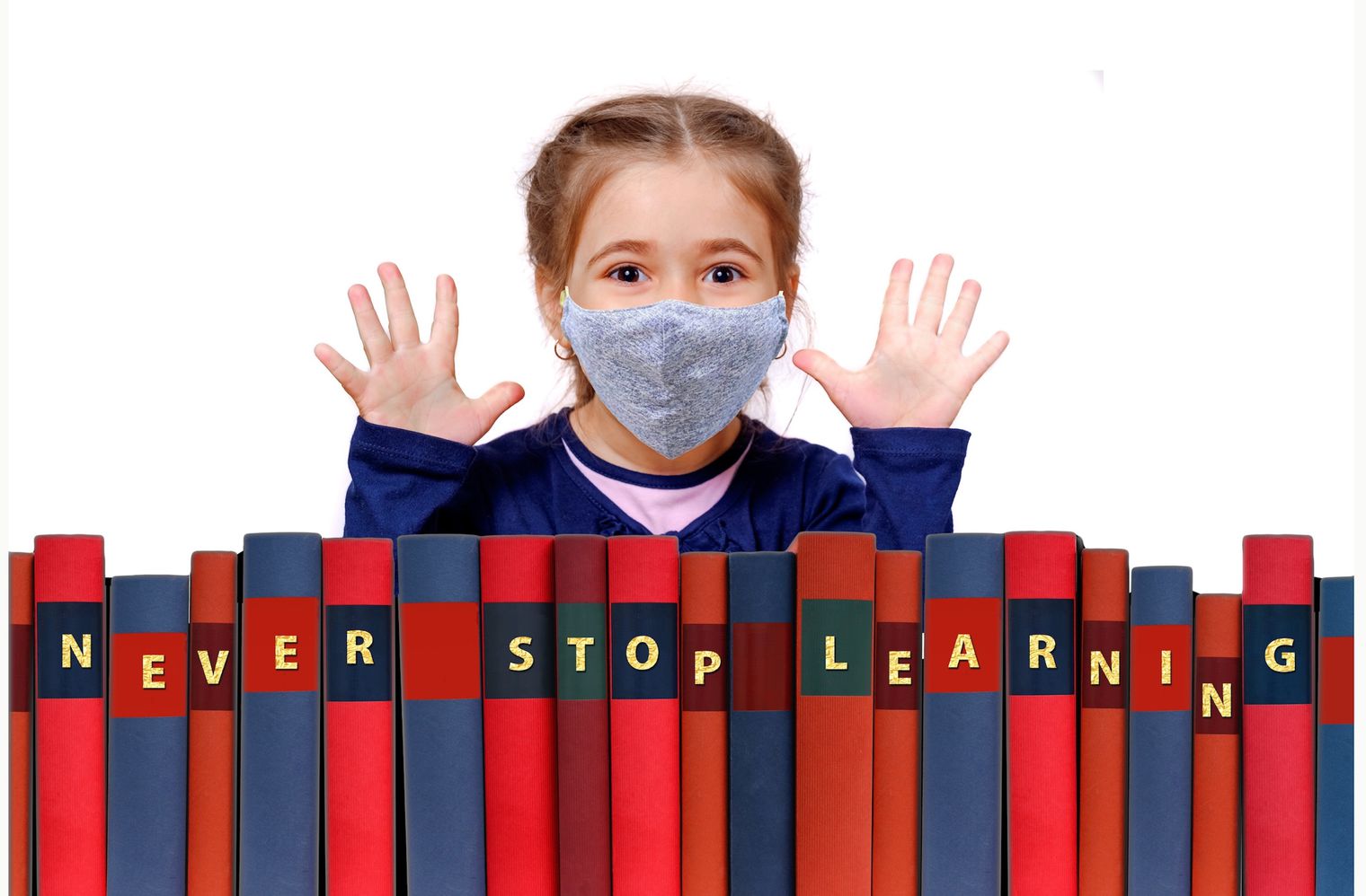 young girl in mask with books