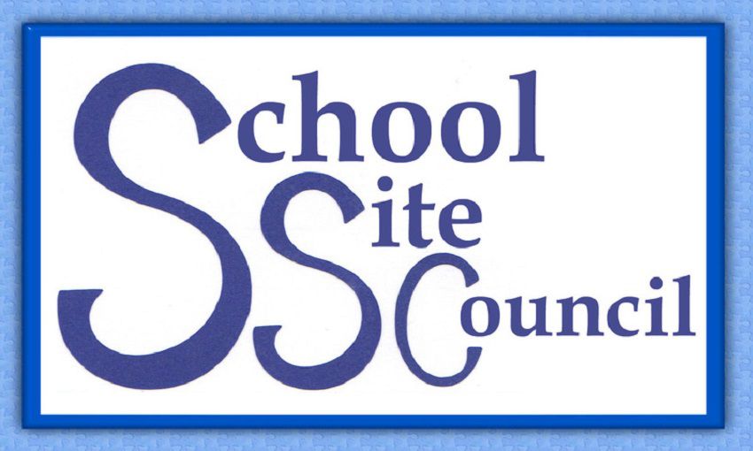A blue sign that says "School Site Council"