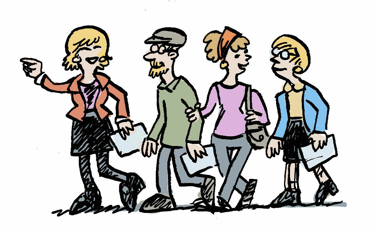 Cartoon people walking in a line