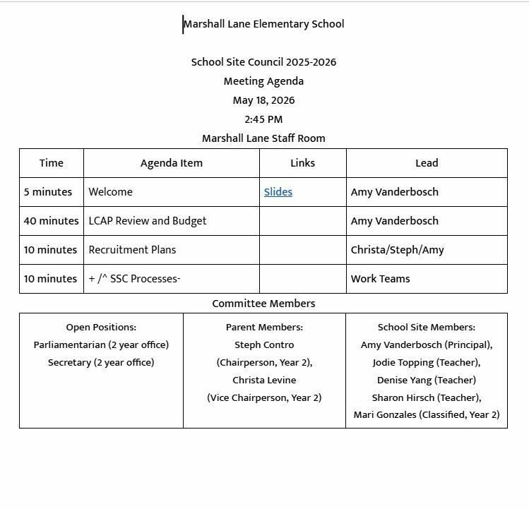 School Site Council Meeting Agenda for May 18th